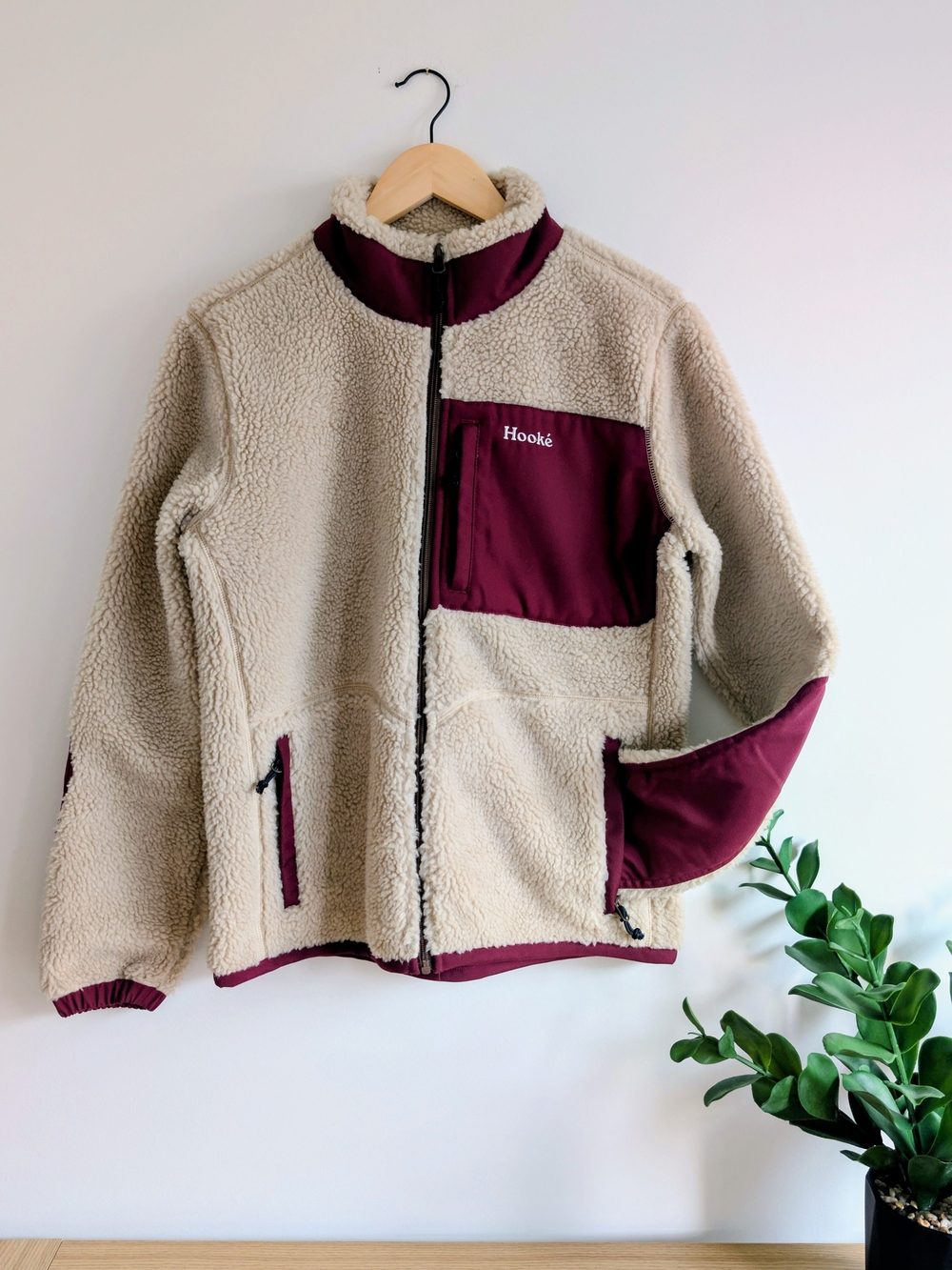 Beige Sherpa Jacket with Burgundy Panels